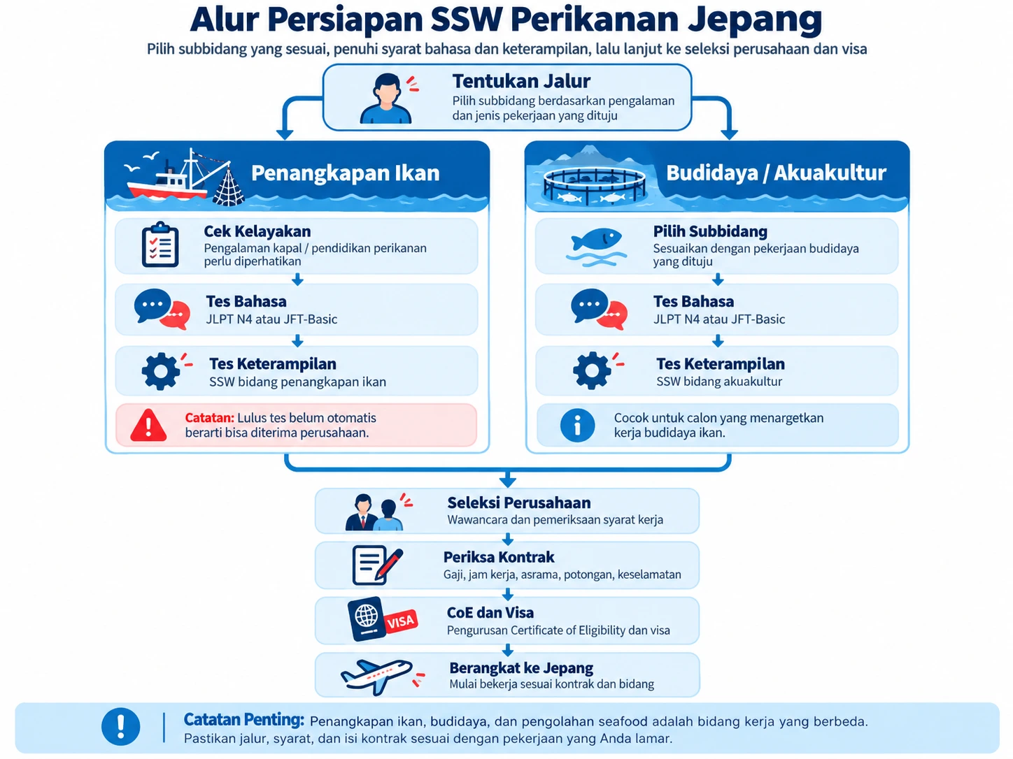 Diagram alur persiapan SSW perikanan Jepang yang membedakan penangkapan ikan dan budidaya, tes bahasa, ujian keterampilan, seleksi perusahaan, kontrak, CoE, serta visa.