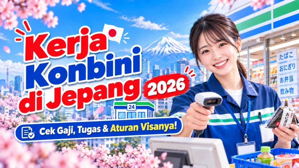 Ilustrasi pekerja perempuan di minimarket Jepang sedang menggunakan barcode scanner dengan latar toko konbini, Gunung Fuji, dan bunga sakura.