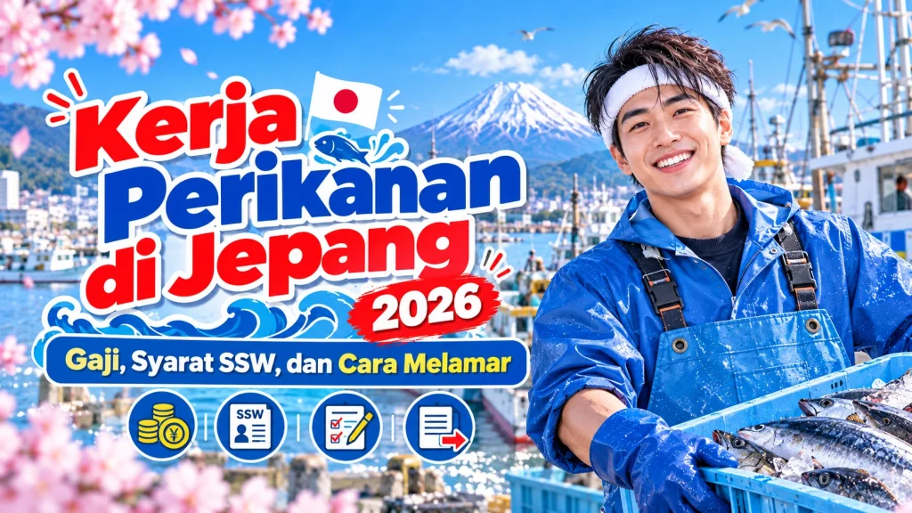 Ilustrasi pekerja perikanan di Jepang 2026 memegang kotak berisi ikan, dengan latar pelabuhan dan Gunung Fuji.