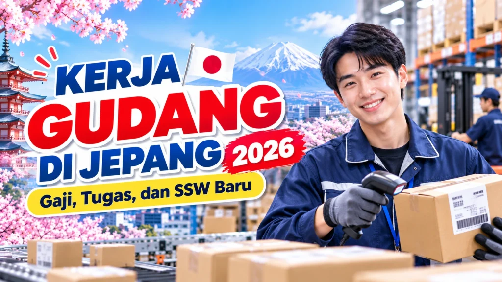 Ilustrasi pekerja laki-laki di gudang Jepang sedang memindai barcode paket dengan latar rak logistik, Gunung Fuji, dan bunga sakura.