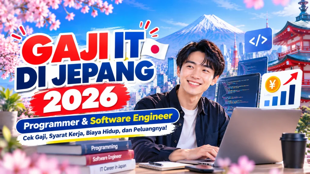 Ilustrasi programmer pria bekerja menggunakan laptop dengan tampilan kode pemrograman, berlatar Gunung Fuji, kota Jepang, dan bunga sakura.