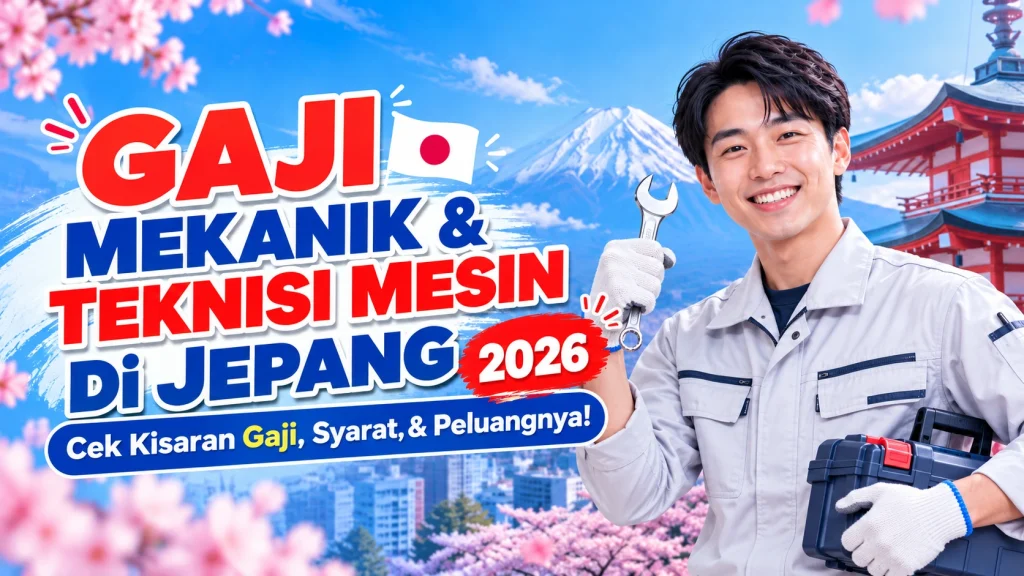 Ilustrasi mekanik dan teknisi mesin di Jepang 2026 mengenakan seragam kerja sambil memegang kunci pas dan kotak peralatan.
