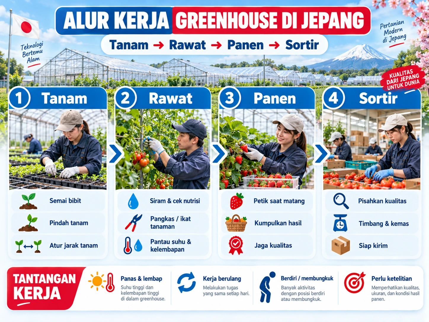 Infografik empat tahapan kerja greenhouse di Jepang, mulai dari menanam bibit, merawat tanaman, memanen hasil, hingga menyortir dan mengemas hasil panen.