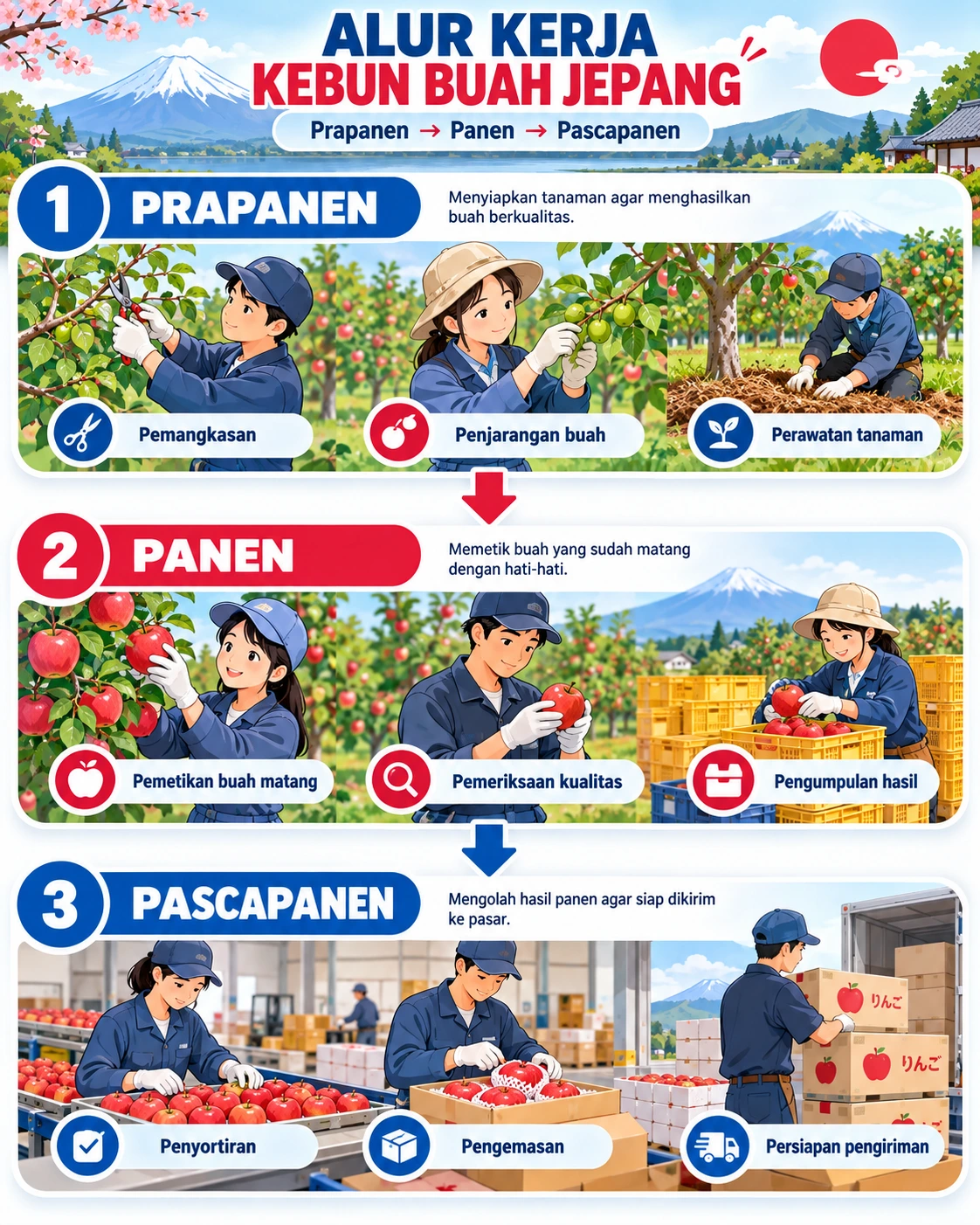 Infografik tiga tahapan kerja kebun buah di Jepang, mulai dari prapanen, panen, hingga pascapanen, termasuk pemangkasan, pemetikan, penyortiran, dan pengemasan buah.
