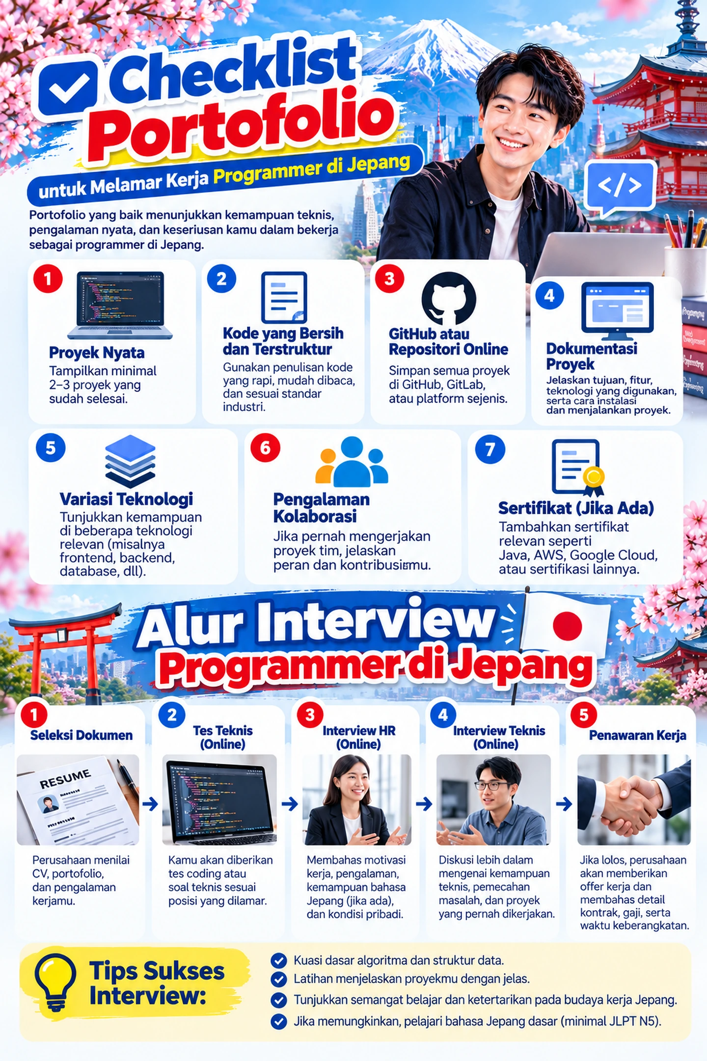 Infografik tujuh checklist portofolio programmer dan lima tahapan interview kerja IT di Jepang, dari seleksi dokumen hingga penawaran kerja.