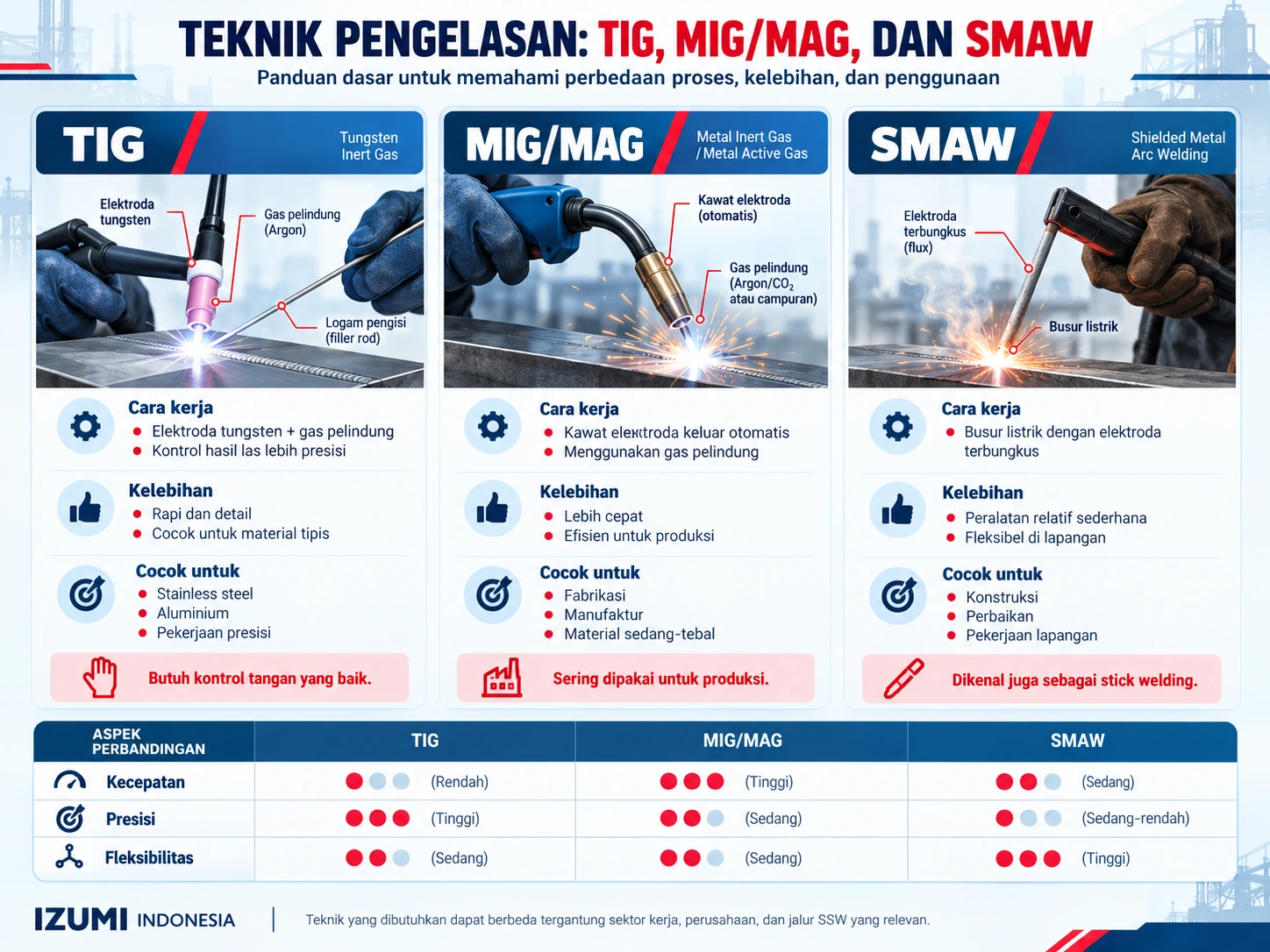 Infografik perbandingan teknik pengelasan TIG, MIG/MAG, dan SMAW beserta cara kerja, kelebihan, dan penggunaannya di industri.
