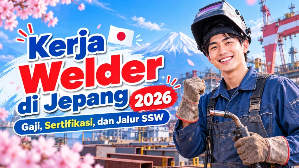 Ilustrasi pekerja welder di Jepang mengenakan seragam kerja, helm las, dan sarung tangan sambil memegang alat pengelasan, berlatar Gunung Fuji dan kawasan industri.