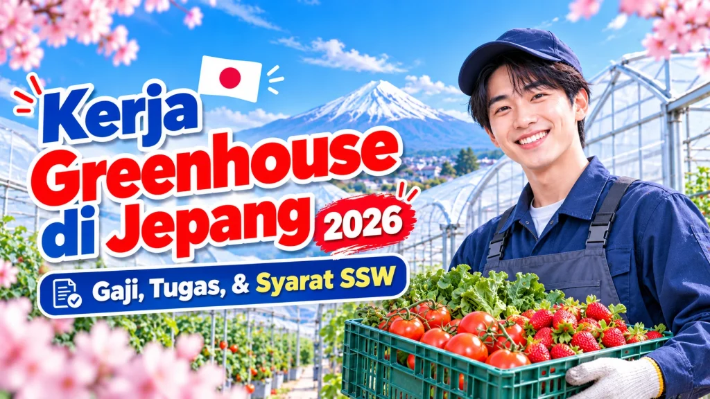 Ilustrasi pekerja greenhouse di Jepang 2026 membawa hasil panen tomat, stroberi, dan sayuran di rumah kaca dengan latar Gunung Fuji.