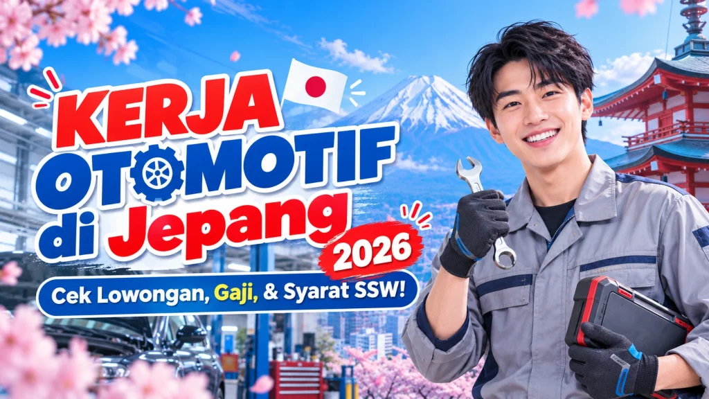Ilustrasi mekanik mobil pria di bengkel otomotif Jepang memegang kunci pas dan alat diagnostik, dengan latar Gunung Fuji dan bunga sakura.