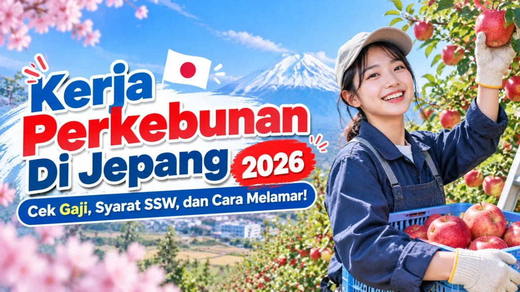 Ilustrasi pekerja perempuan sedang memanen apel merah di perkebunan Jepang dengan latar Gunung Fuji dan bunga sakura.